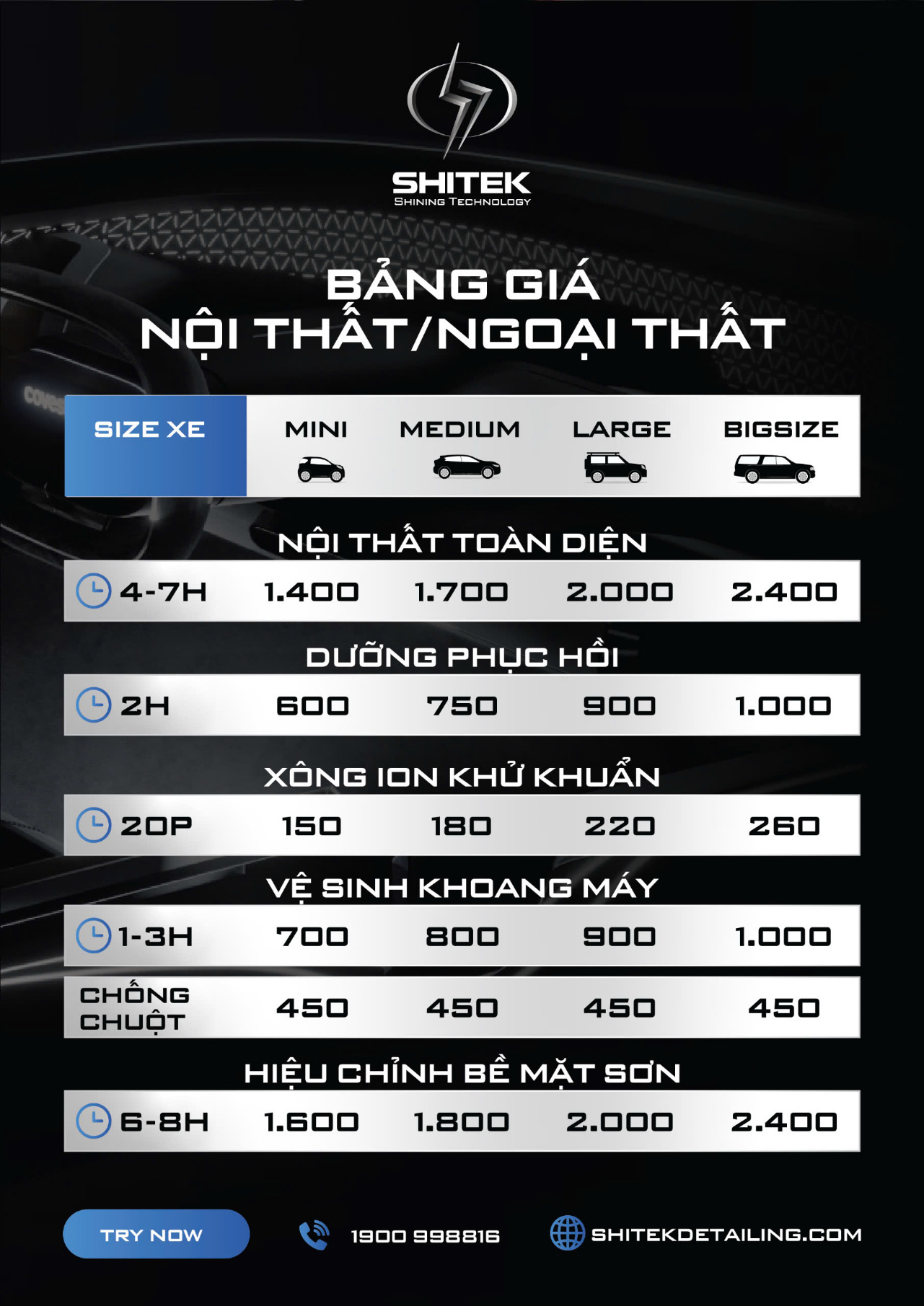 Bảng giá dịch vụ Shitek